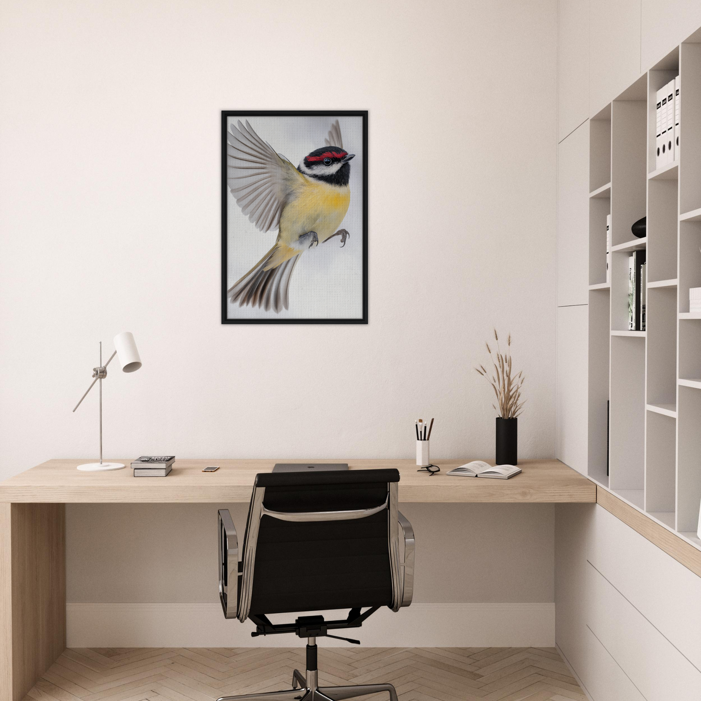 Framed canvas print of a colorful bird in flight, featured in Warbler’s Zenith