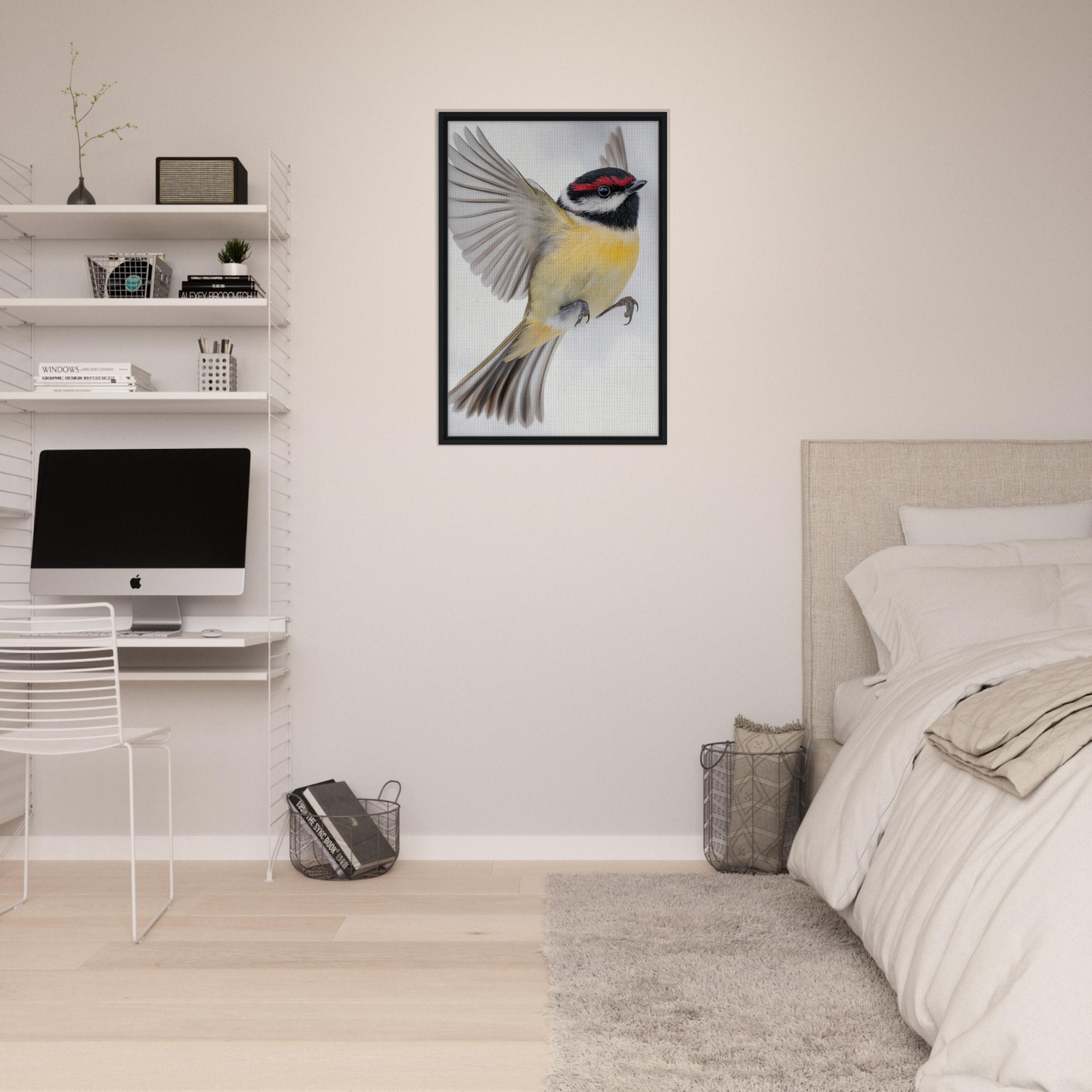 Framed canvas print of a vibrant bird in flight, showcasing Warbler’s Zenith design