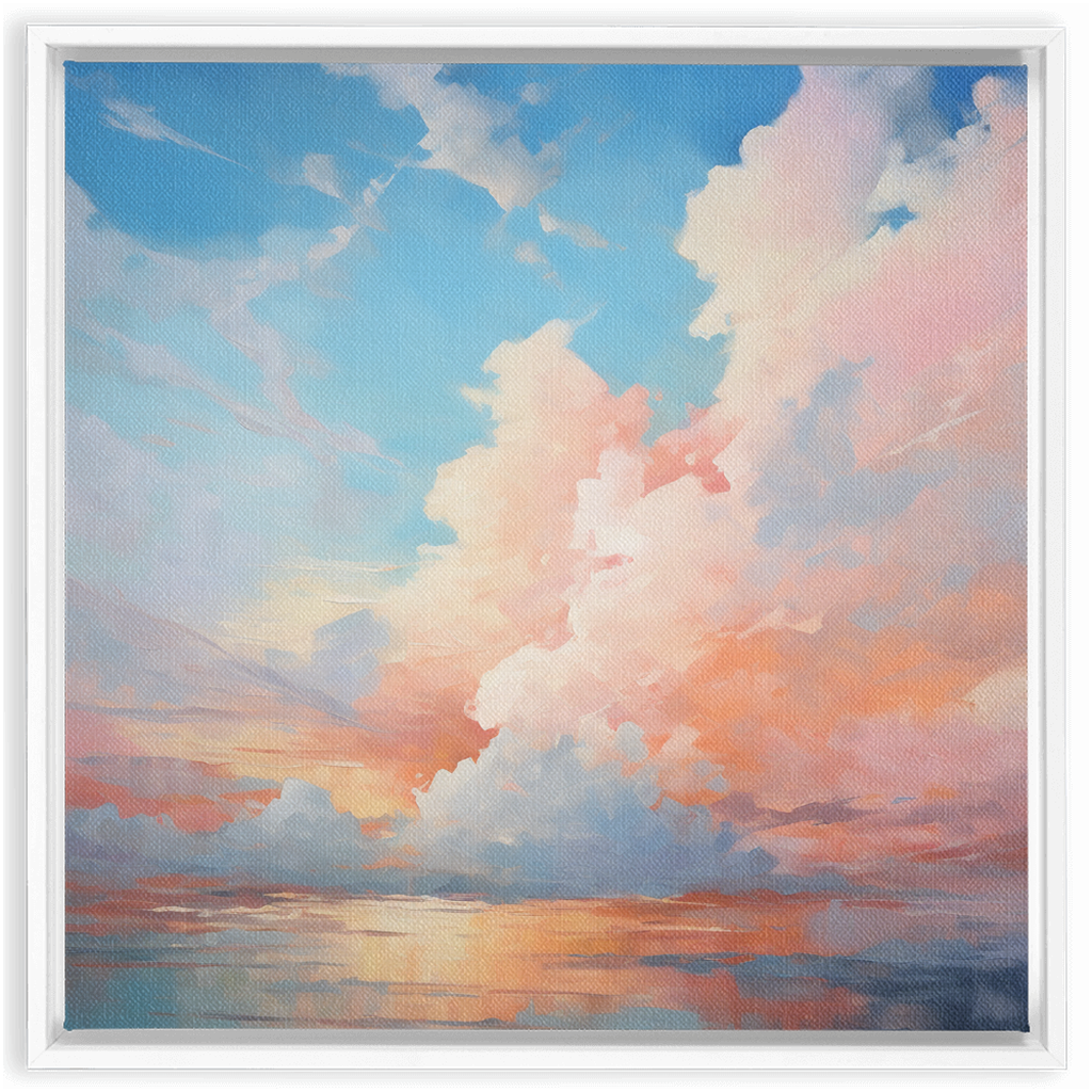 Colorful painting of a cloudy sky with pastel hues reflecting on water at sunset.