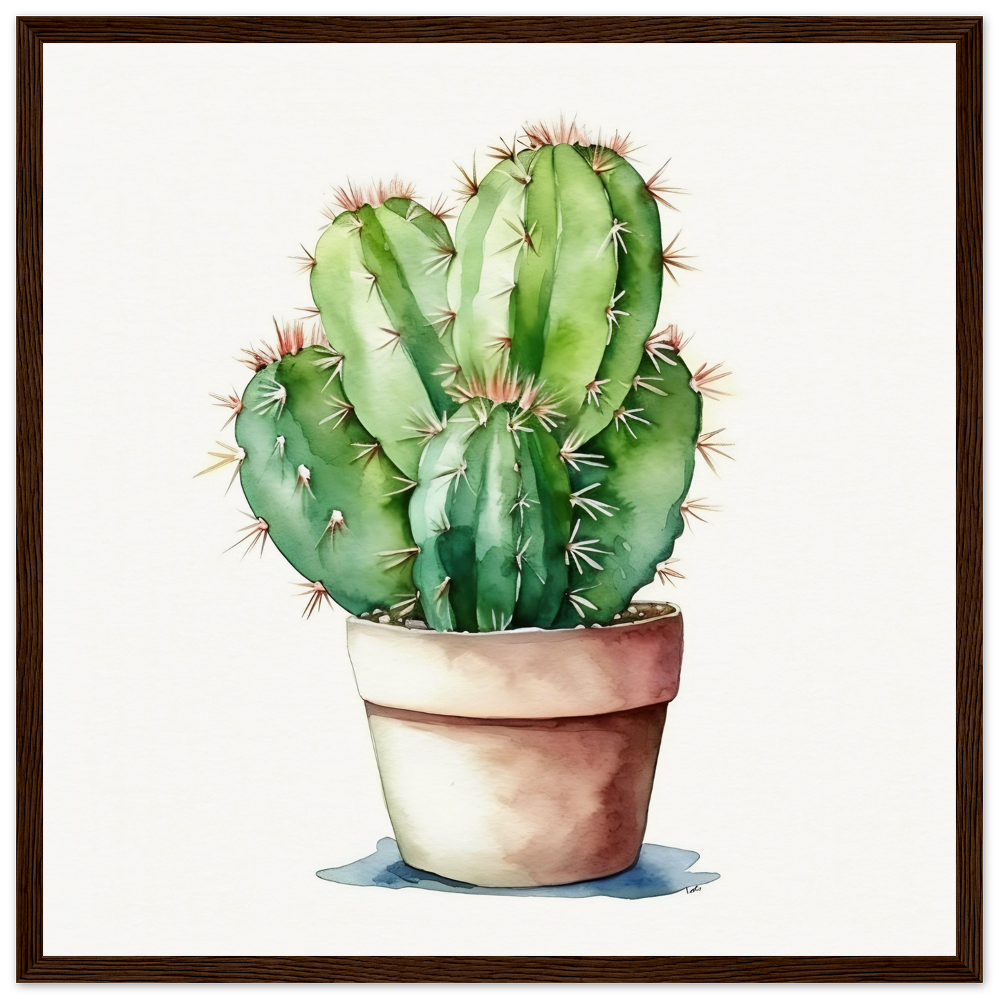 A watercolor painting of a cactus in a pot