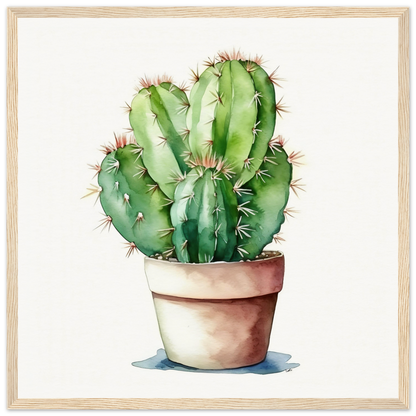 A watercolor painting of a cactus in a pot