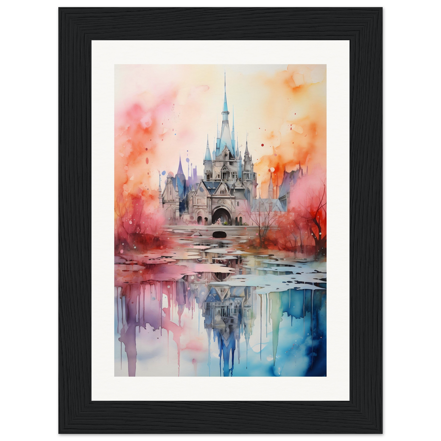 A watercolor painting of a castle in the middle of a lake