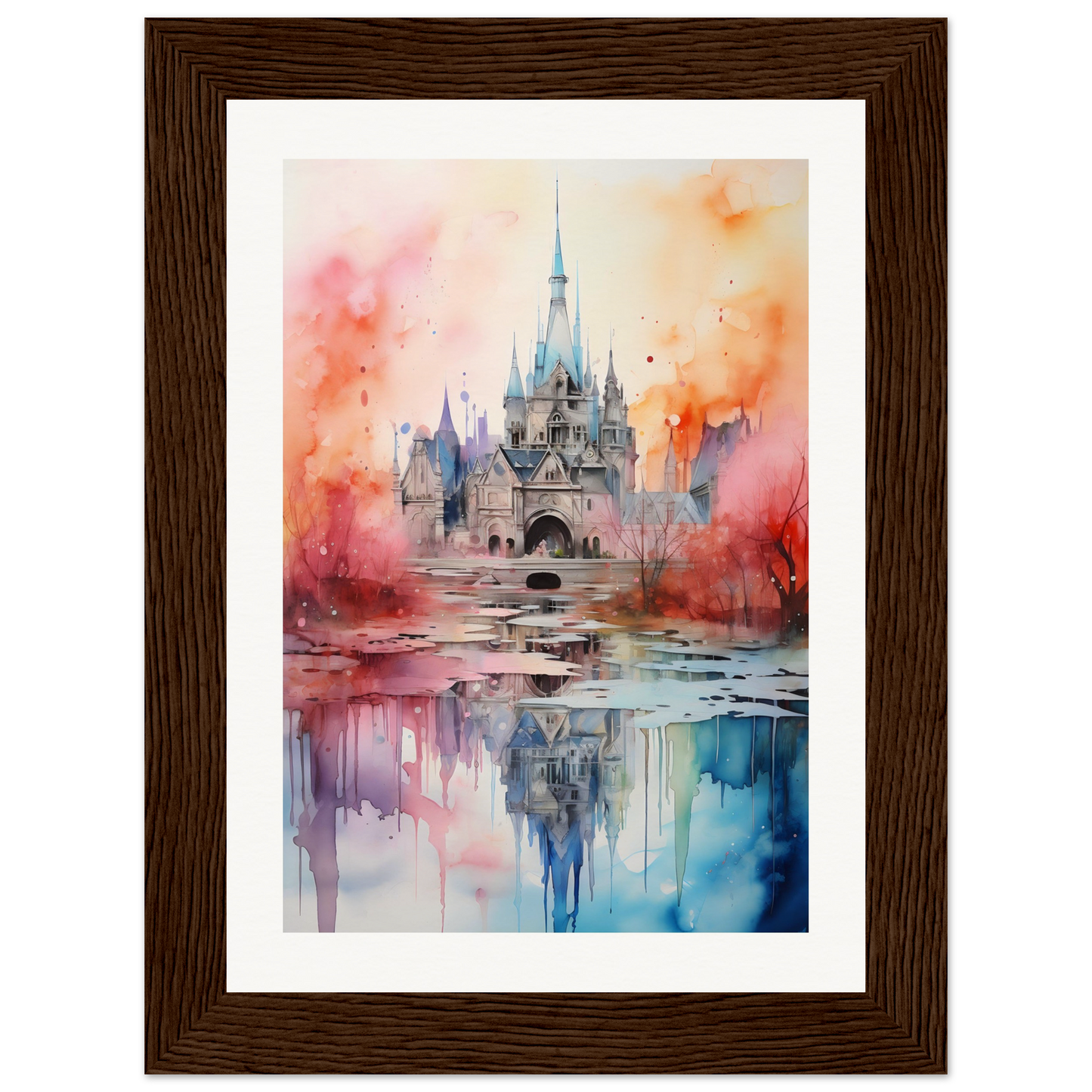 A watercolor painting of a castle in the middle of a lake