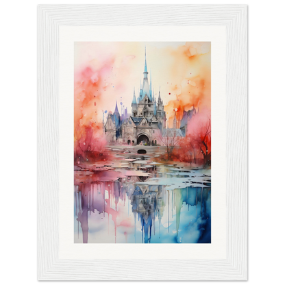 A watercolor painting of a castle in the middle of a lake