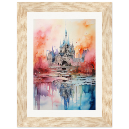 A watercolor painting of a castle in the middle of a lake