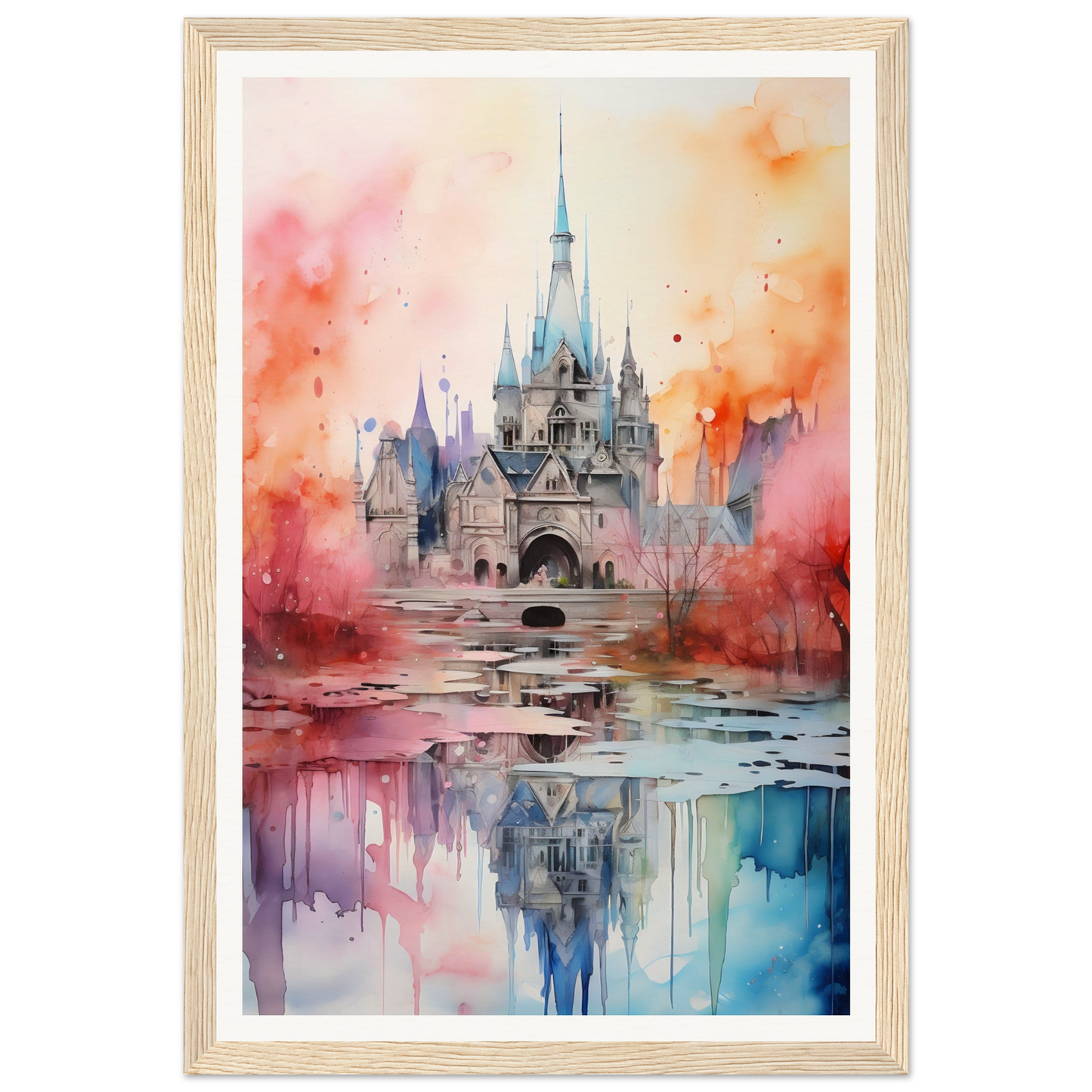 A watercolor painting of a castle in the middle of a lake