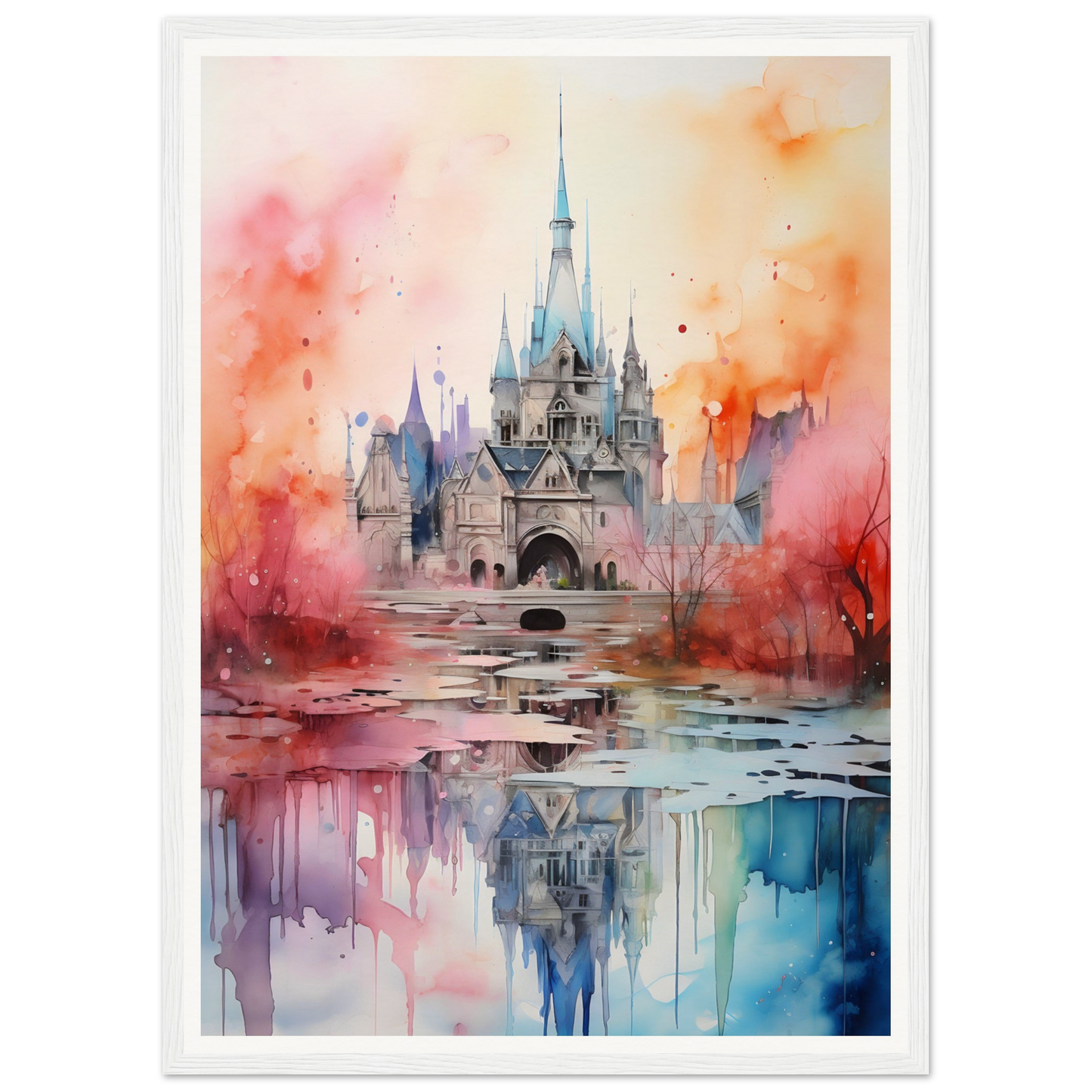 A watercolor painting of a castle in the middle of a lake