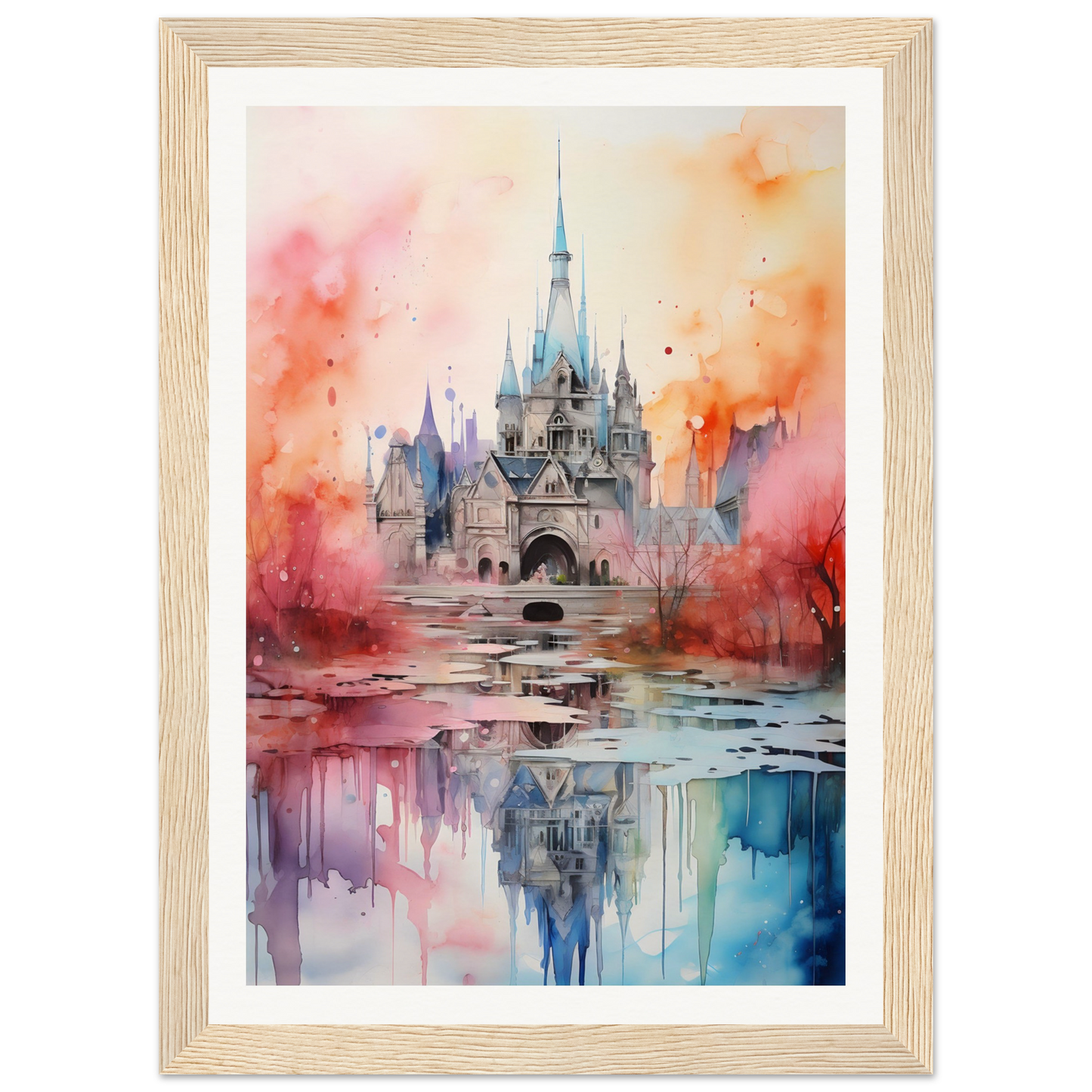 A watercolor painting of a castle in the middle of a lake