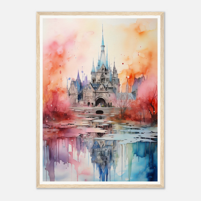 A watercolor painting of a castle in the middle of a lake