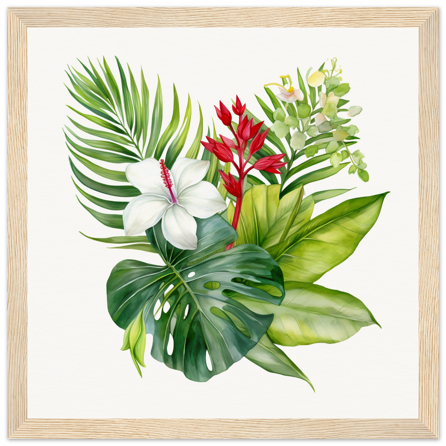 A watercolor painting of tropical plants and flowers