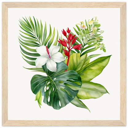 A watercolor painting of tropical plants and flowers