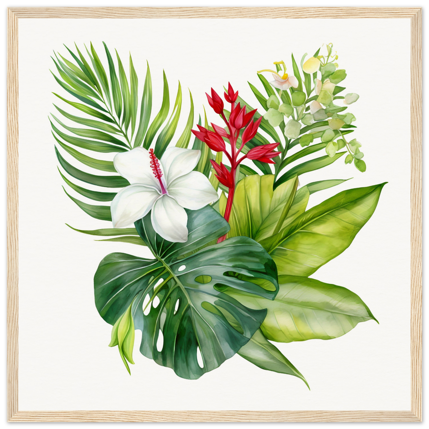 A watercolor painting of tropical plants and flowers