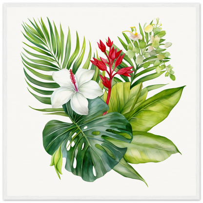 A watercolor painting of tropical plants and flowers