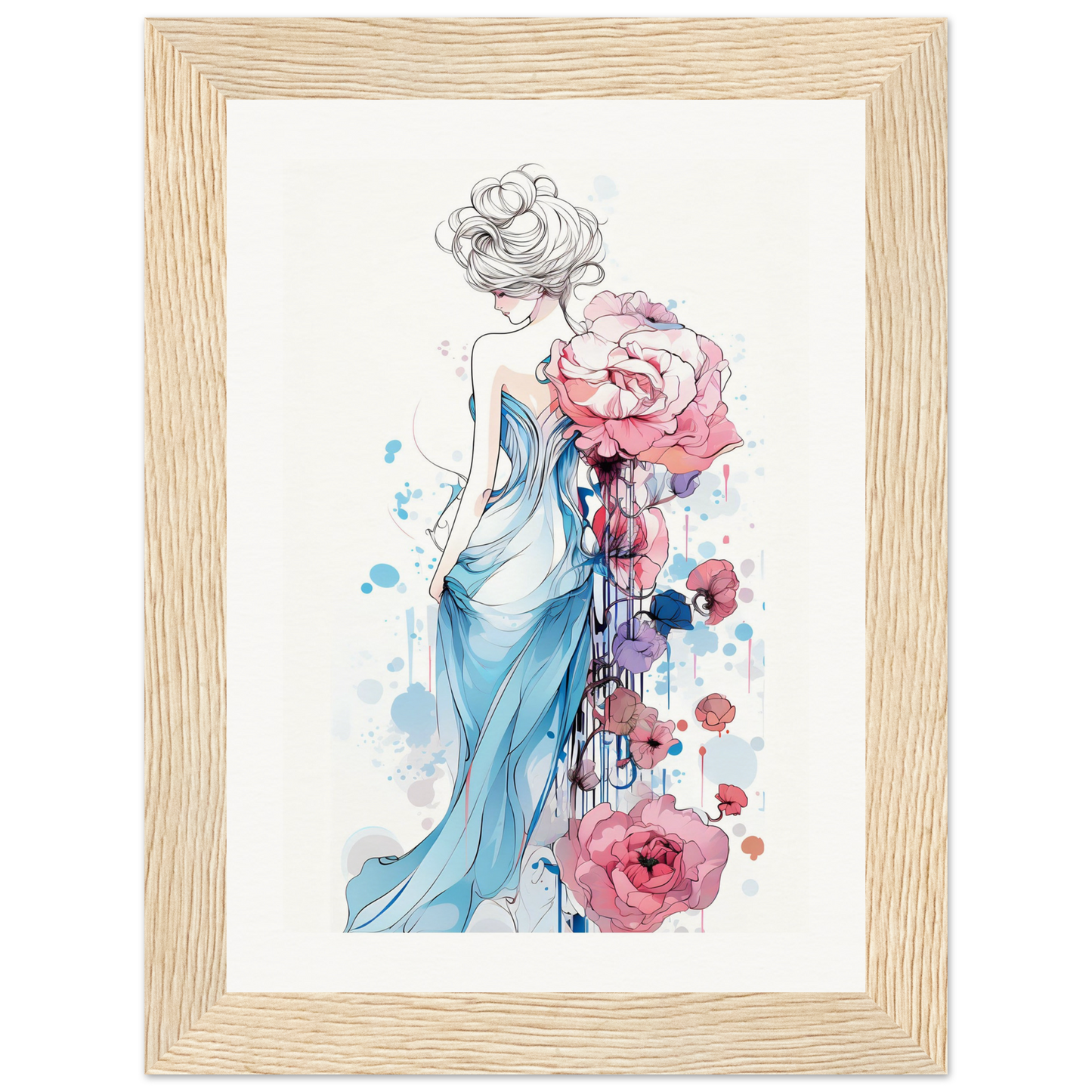 A watercolor painting of a woman in a blue dress with flowers