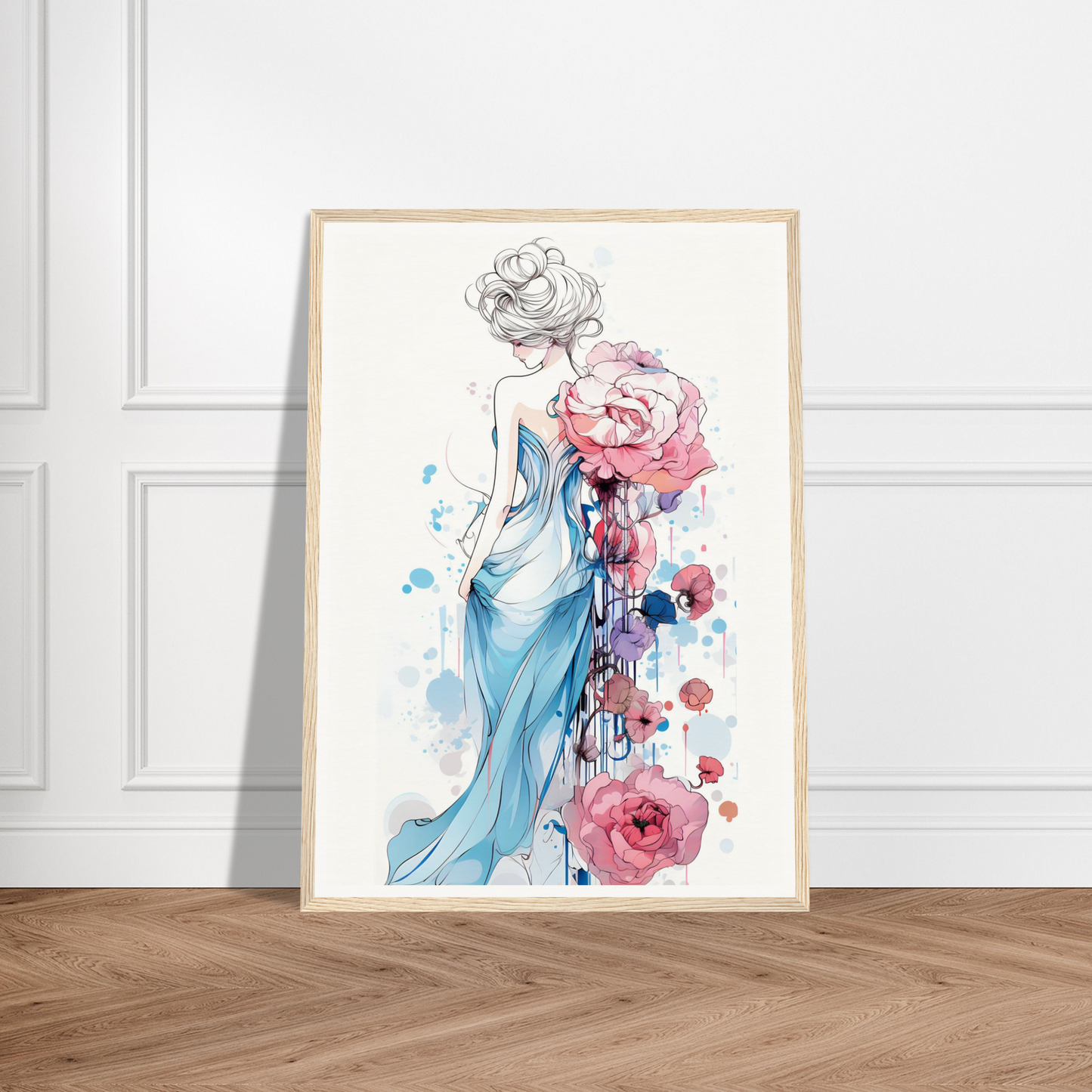 A watercolor painting of a woman in a blue dress with flowers