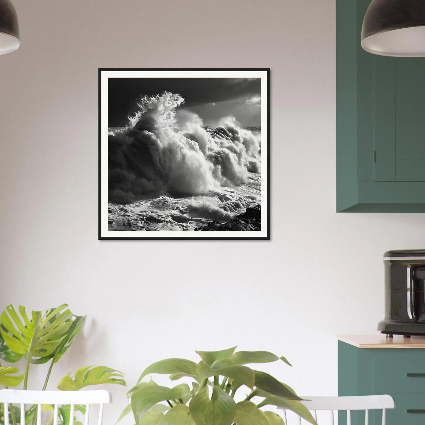 Black and white ocean waves crashing rocks in Wave’s Celestial Rave special edition art™