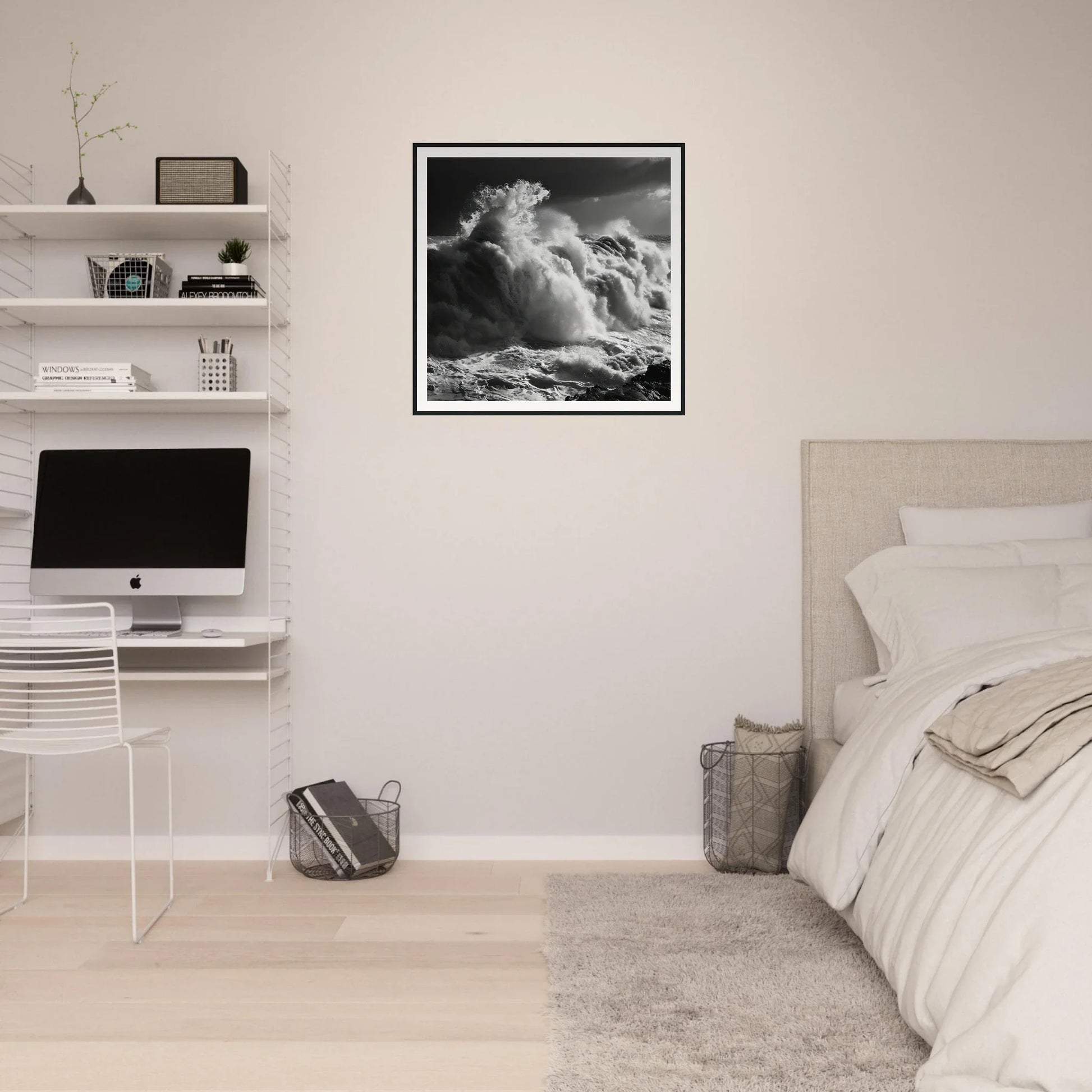 Stylish minimalist bedroom featuring Wave’s Celestial Rave and sleek iMac workstation