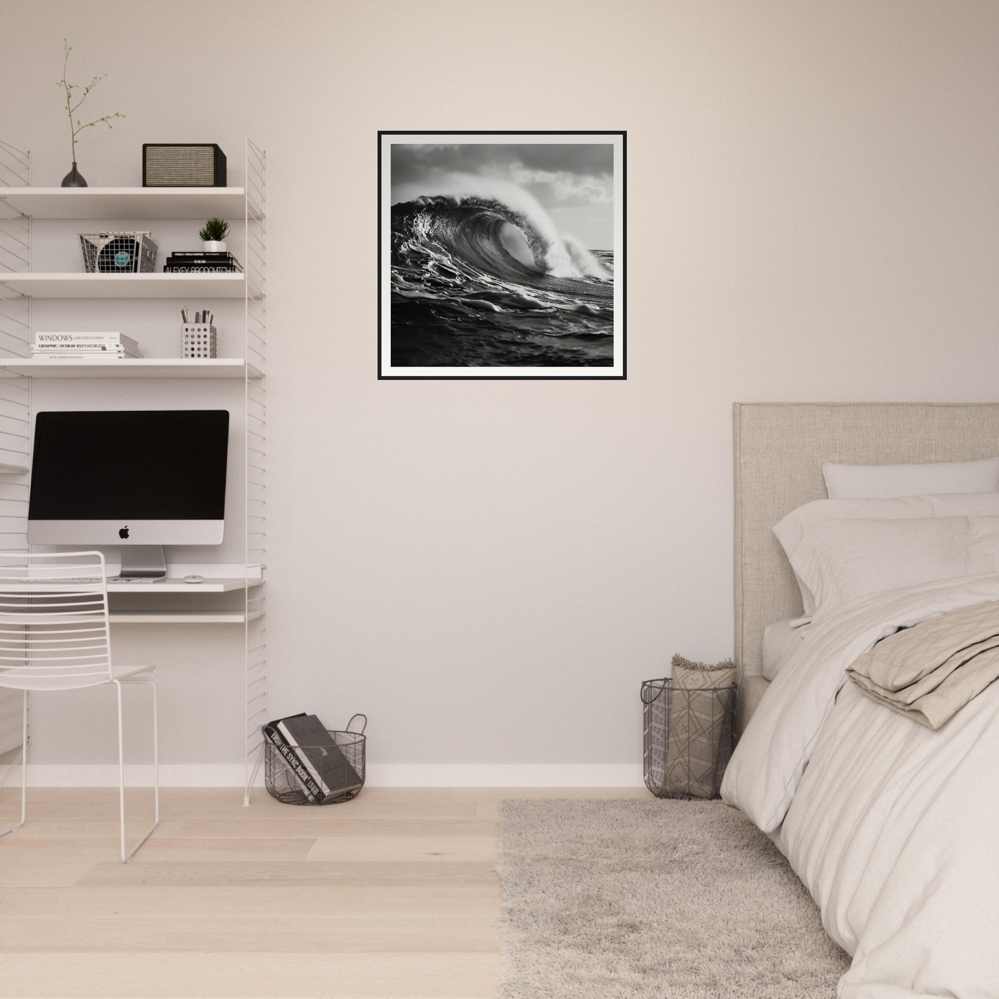 Minimalist bedroom showcasing Wave’s Eternal Dance with iMac and floating shelves