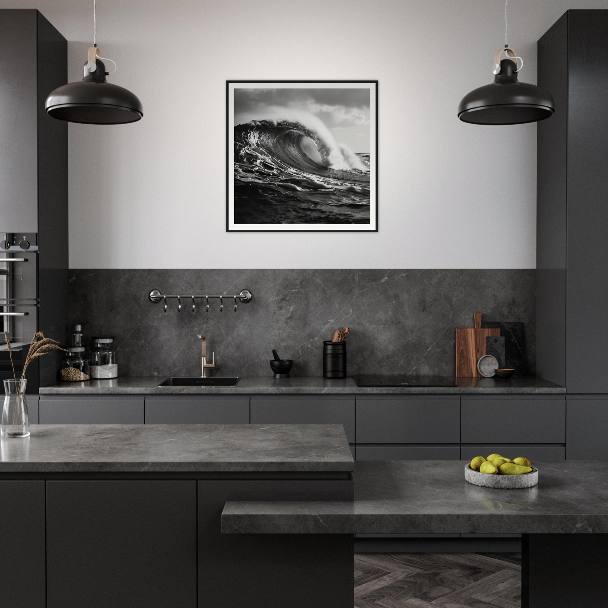 Stylish dark gray kitchen featuring Wave’s Eternal Dance art and sleek black lights