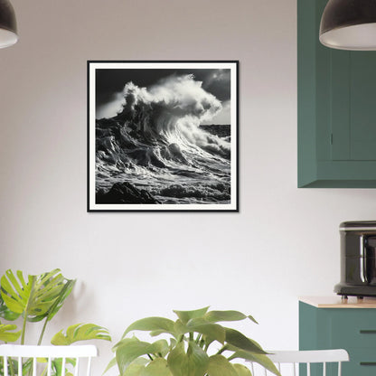 Black and white photo of a wave’s fury howl crashing against rocks in framed wall art