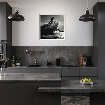 Modern dark gray kitchen featuring Waves of Fusion surreal museum-quality framed art