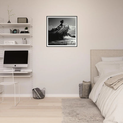 Minimalist bedroom featuring Waves of Fusion art, iMac, and floating shelves