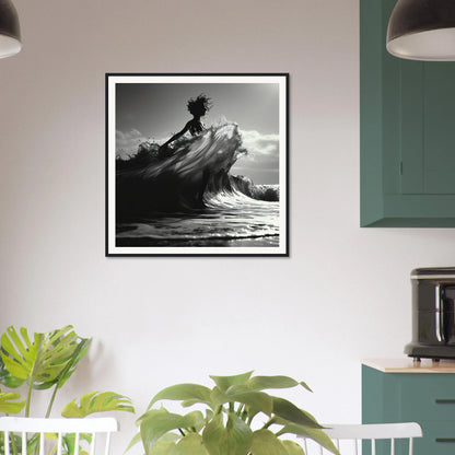 Surfer riding ocean wave in black and white, a special edition art™ for your wall