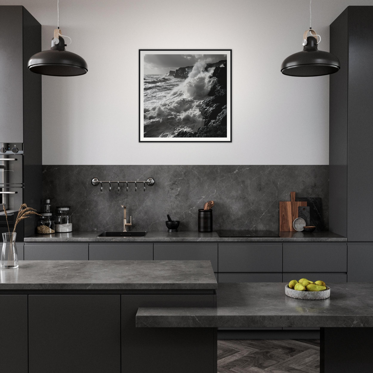 Modern dark gray kitchen showcasing Wave’s Untold Trance art with industrial lighting