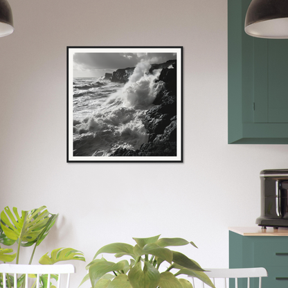 Black and white framed photo of crashing waves showcasing Wave’s Untold Trance