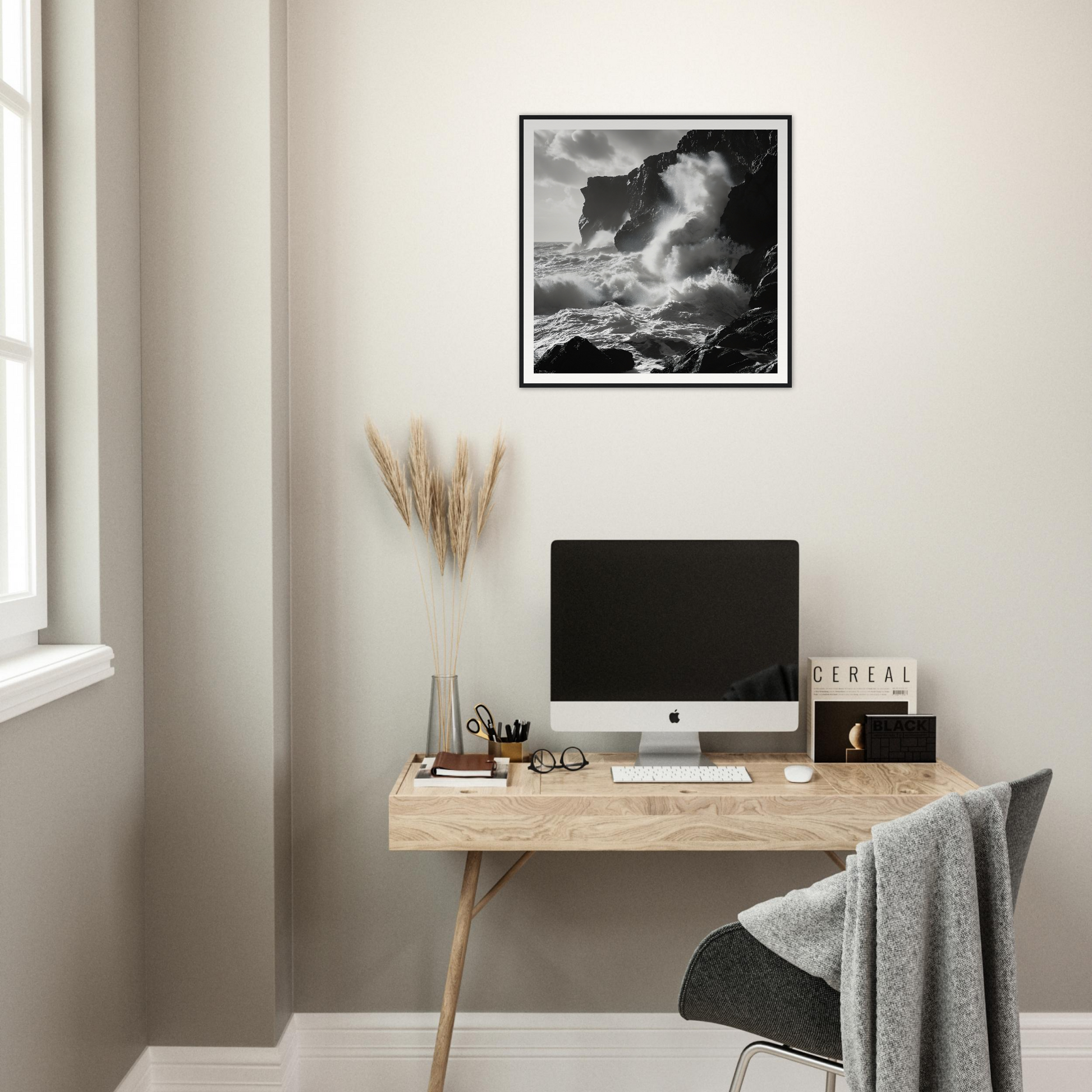 Minimalist wooden desk with iMac and pampas grass in Waves Wild Gambit special edition art