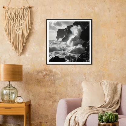 Black and white photo of crashing waves on cliffs, Waves Wild Gambit framed wall art