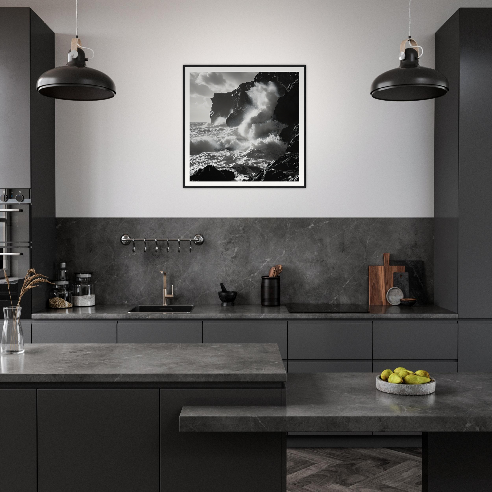 Modern dark gray kitchen with Waves Wild Gambit framed wall art and industrial lights