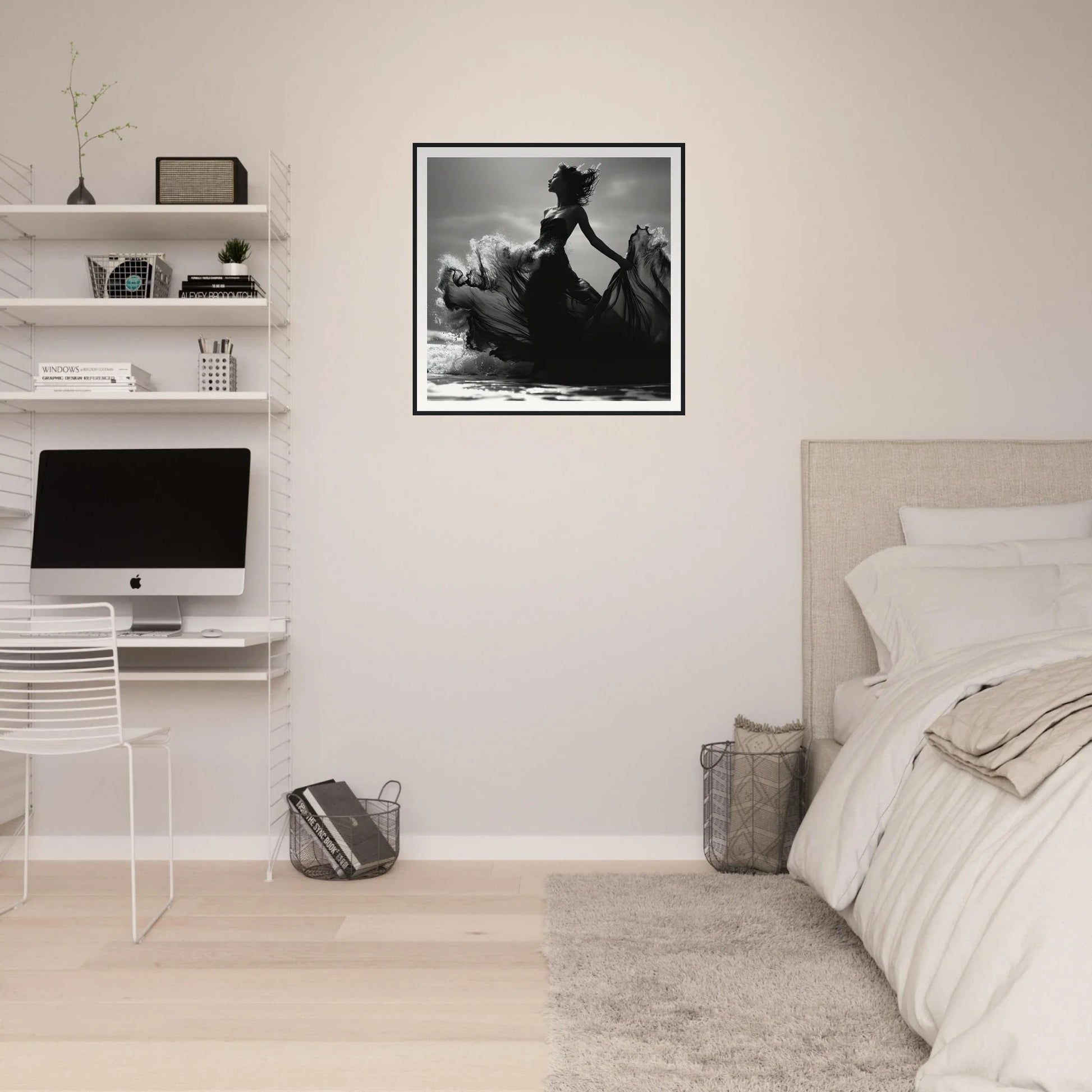 Minimalist bedroom workspace with iMac and floating shelves from Wavewoven Elegance Manifestation