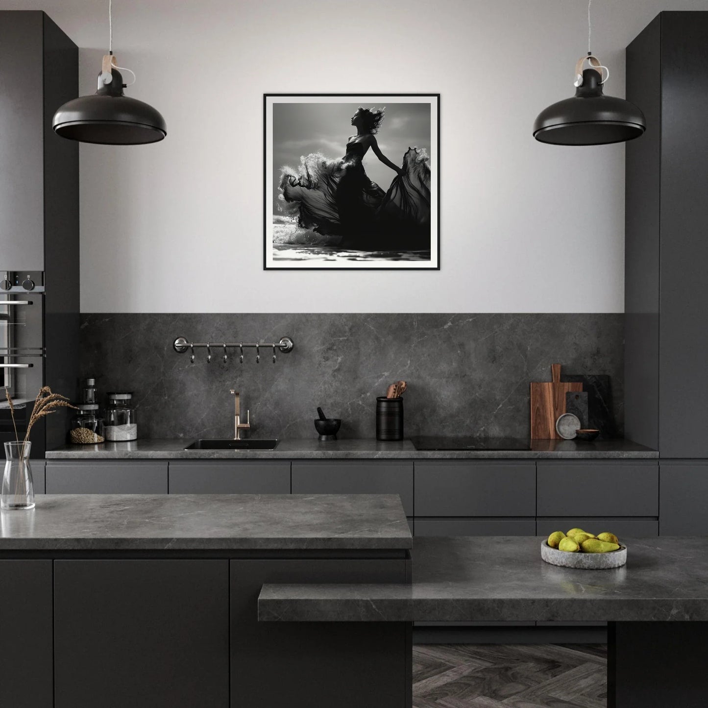 Modern dark gray kitchen featuring Wavewoven Elegance Manifestation art with pendant lights