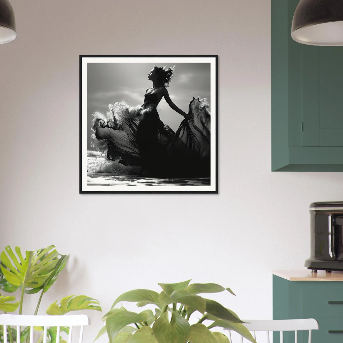 Framed black and white photo of a silhouetted figure with waves in Wavewoven Elegance