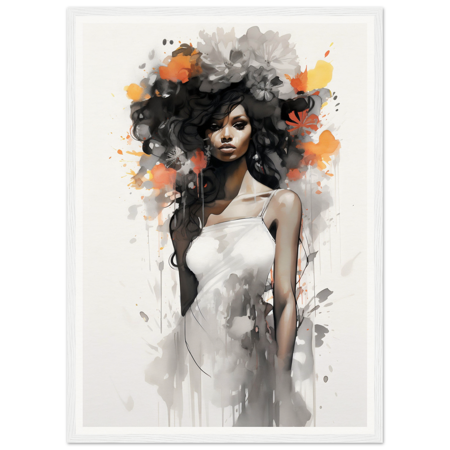 Artistic portrait of a woman with voluminous hair and a white dress, rendered in a watercolor and ink style with splashes of orange and gray.