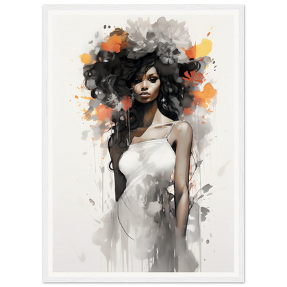 Artistic portrait of a woman with voluminous hair and a white dress, rendered in a watercolor and ink style with splashes of orange and gray.