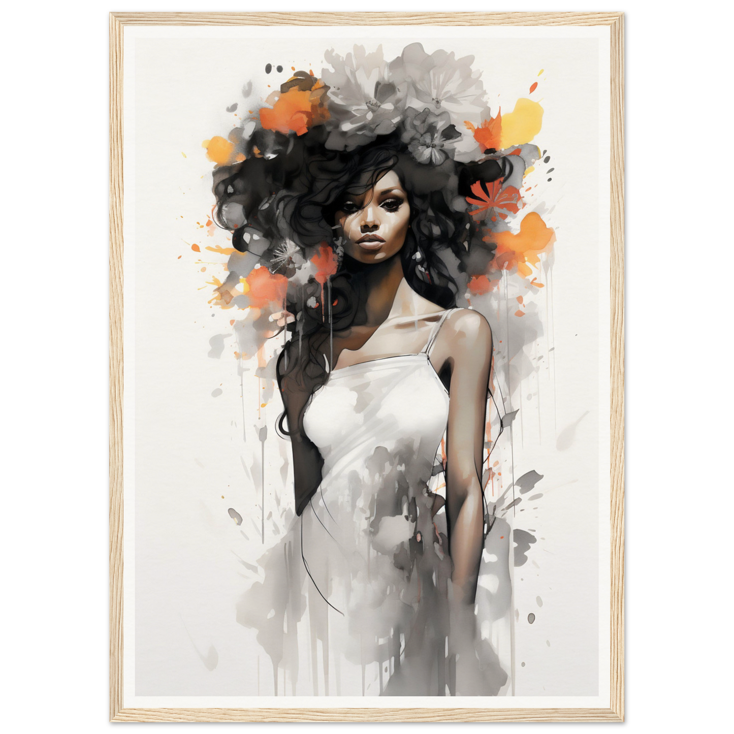 Artistic portrait of a woman with voluminous hair and a white dress, rendered in a watercolor and ink style.