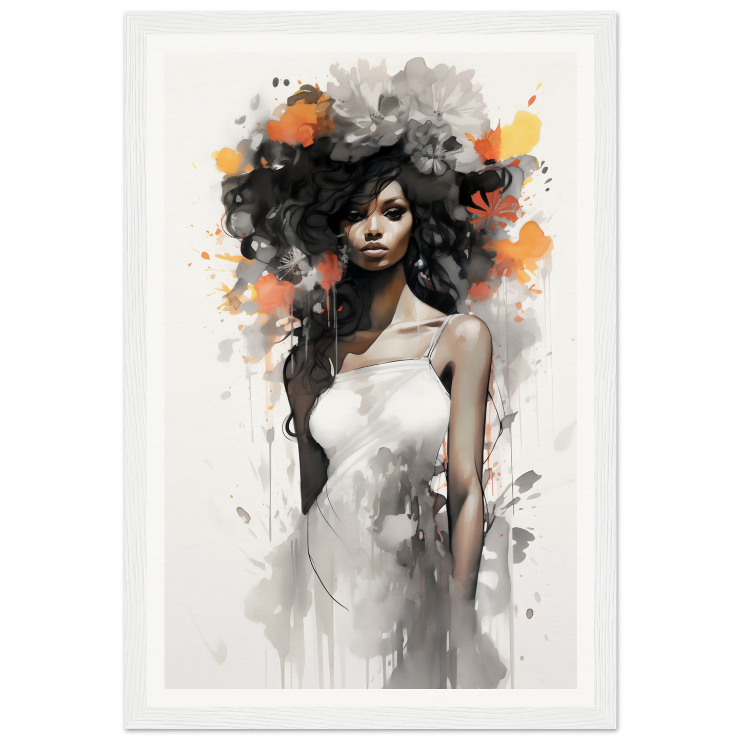 Artistic portrait of a woman with voluminous, abstract hair incorporating splashes of color.