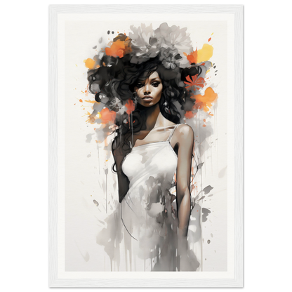 Artistic portrait of a woman with voluminous, abstract hair incorporating splashes of color.