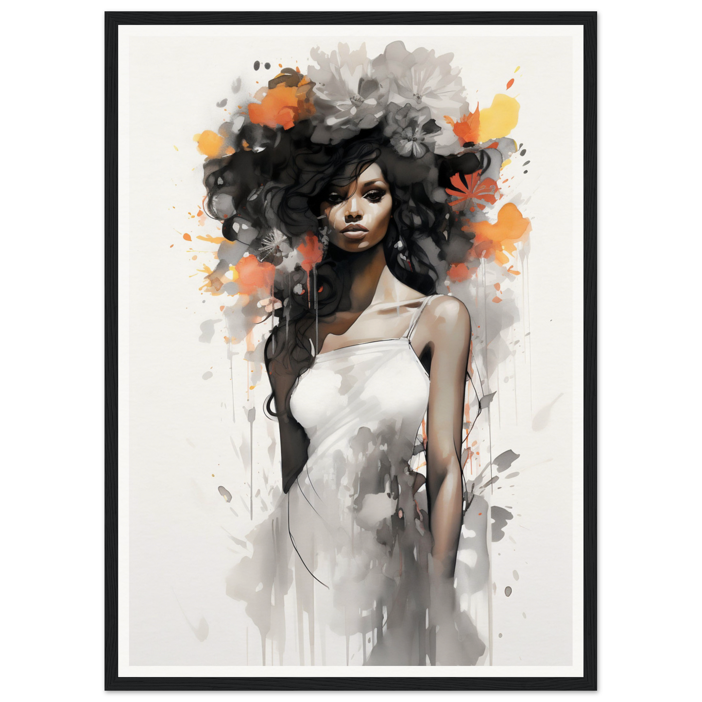 Artistic portrait of a woman with flowing dark hair and a white dress, rendered in a watercolor and ink style with splashes of orange and gray.