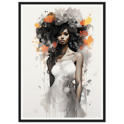 Artistic portrait of a woman with flowing dark hair and a white dress, rendered in a watercolor and ink style with splashes of orange and gray.