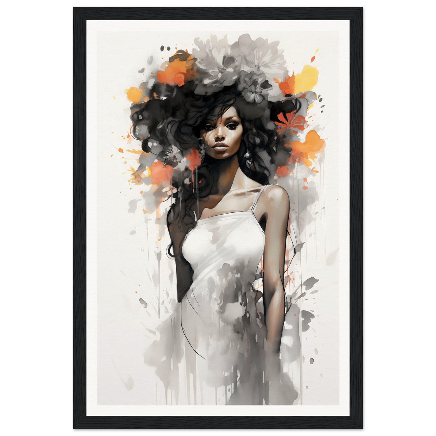 Artistic portrait of a woman with voluminous, abstract hair incorporating splashes of color.