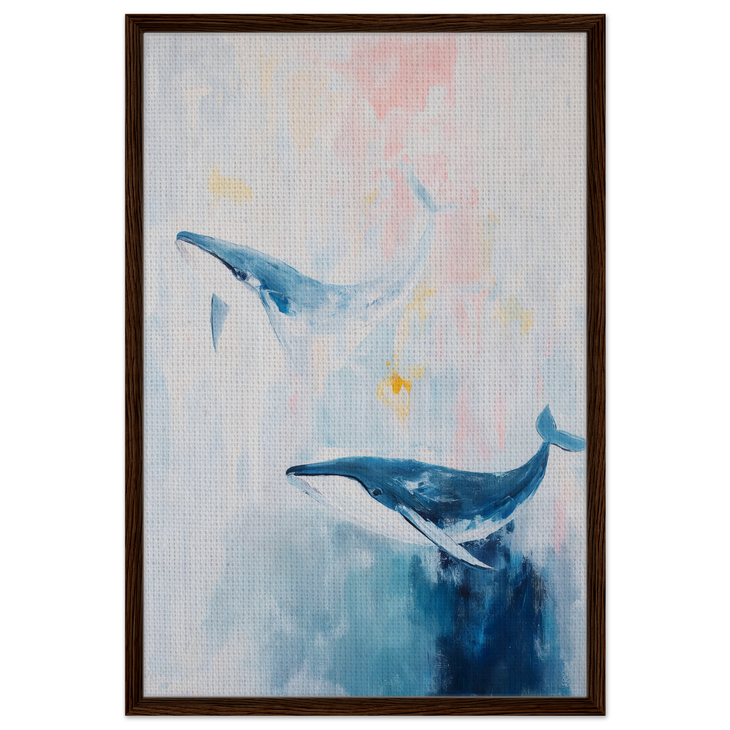 Watercolor painting of two blue whales for Whales Blue Beatitude room decor