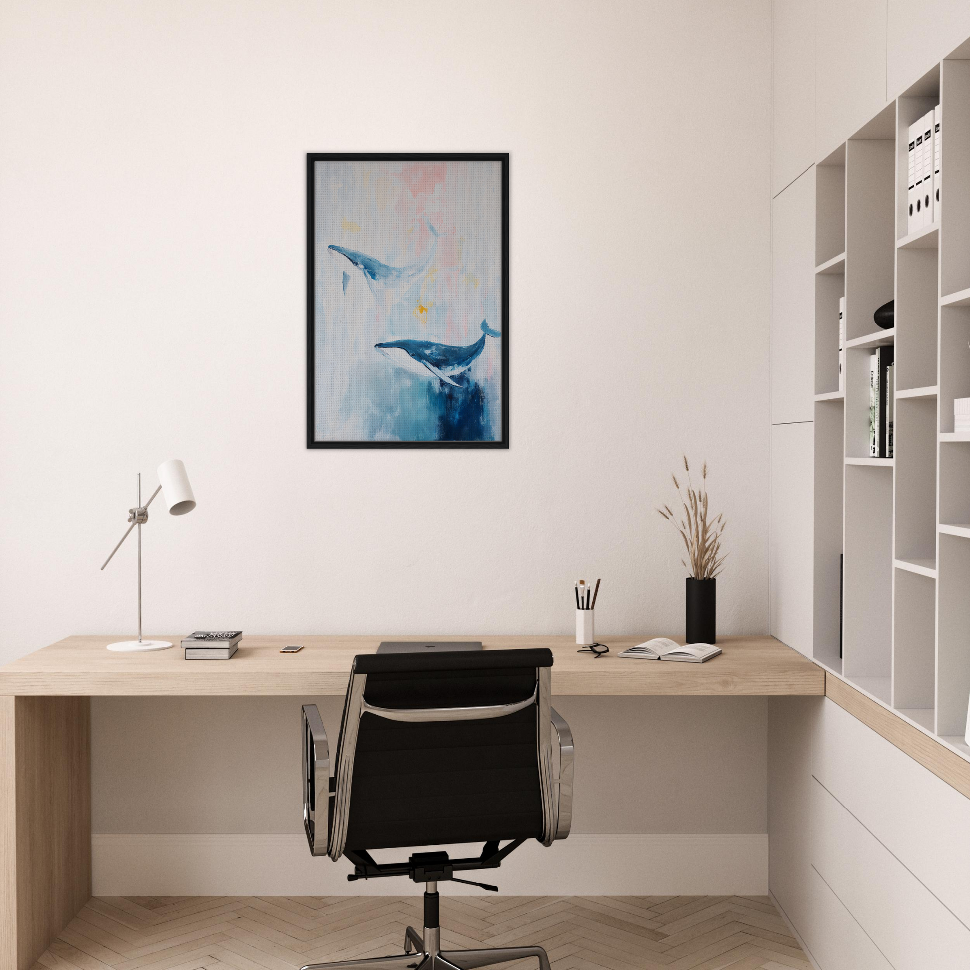 Minimalist home office showcasing Whales Blue Beatitude artwork and stylish workspace decor