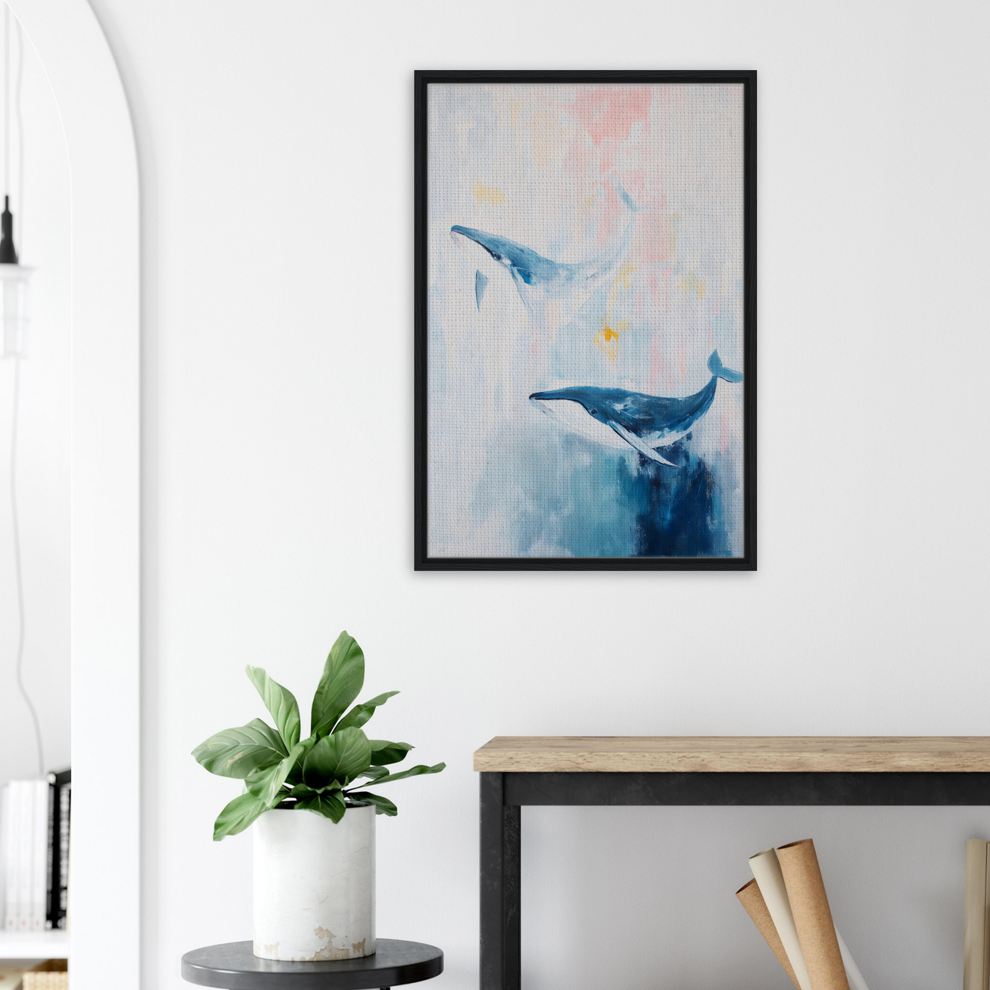 Framed painting of blue whales in a watercolor ocean, perfect for Whales Blue Beatitude room decor