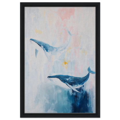 Framed canvas print of two blue whales in a pastel ocean, Whales Blue Beatitude