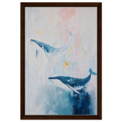 Framed watercolor painting of two blue whales titled Whales Blue Beatitude