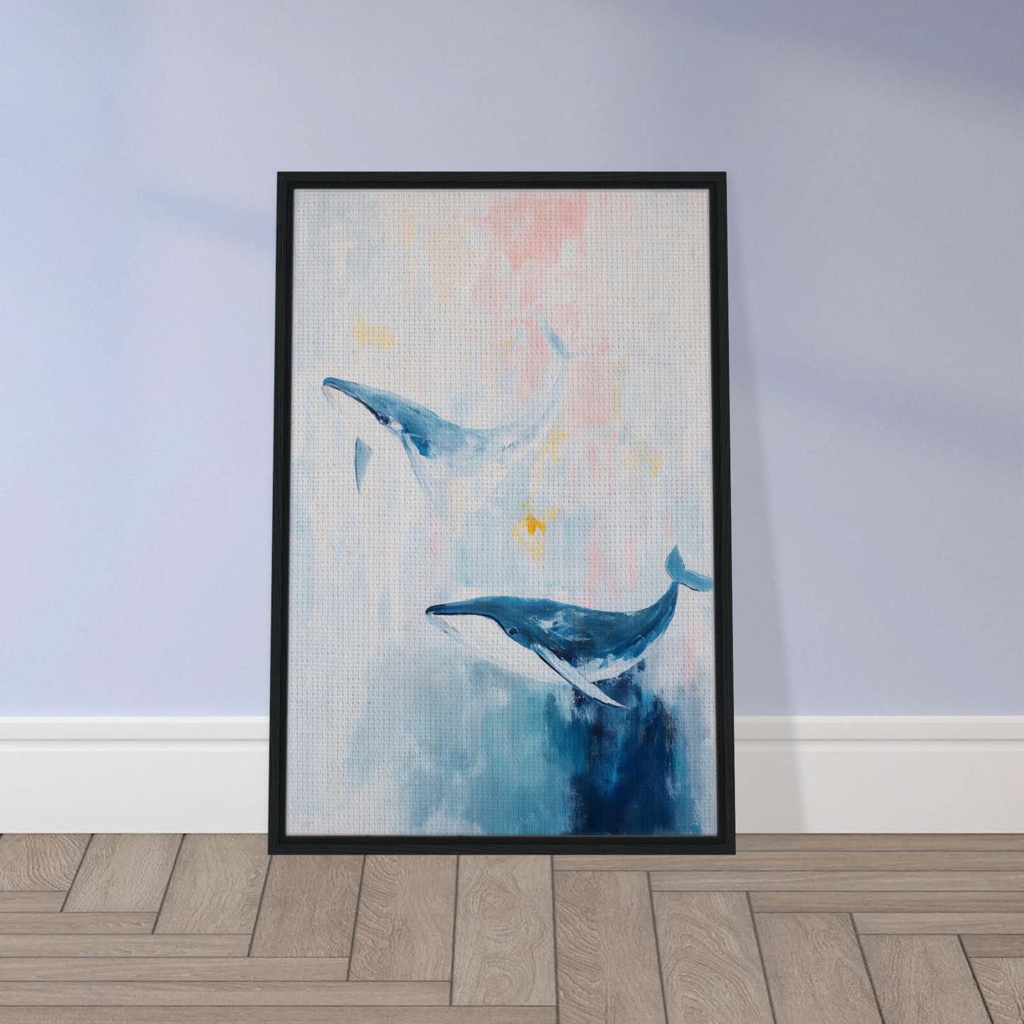 Framed canvas print of two blue whales swimming in a pastel ocean, Whales Blue Beatitude