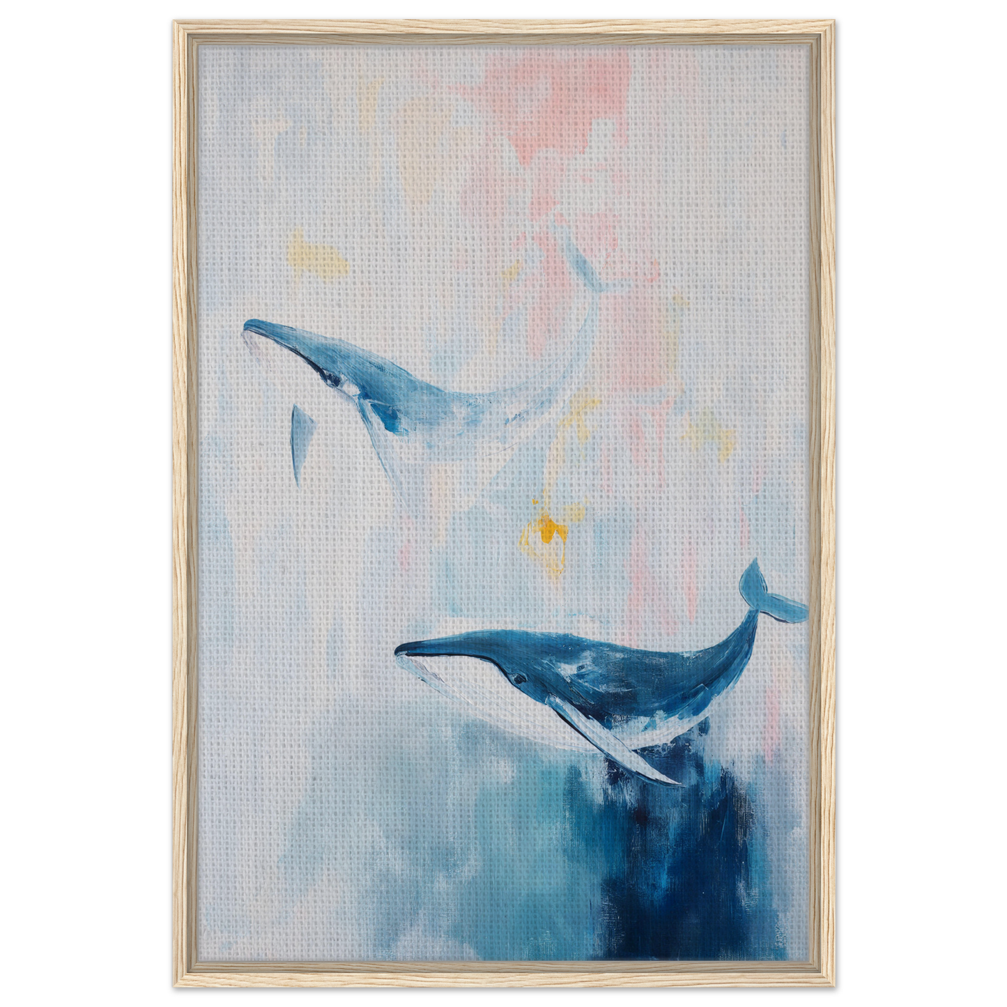 Watercolor painting of two blue whales in Whales Blue Beatitude framed canvas print